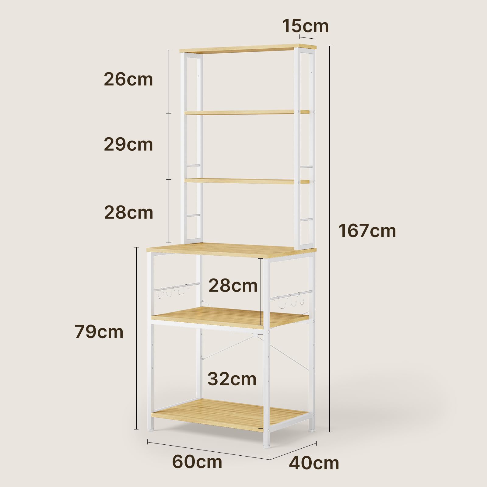 Xbro Scaffale da Cucina a 6 Ripiani, Struttura in Metallo con Ganci, Altezza Regolabile, Supporto per Microonde, Forno, Macchina da Caffè, 40 x 60 x 167 cm