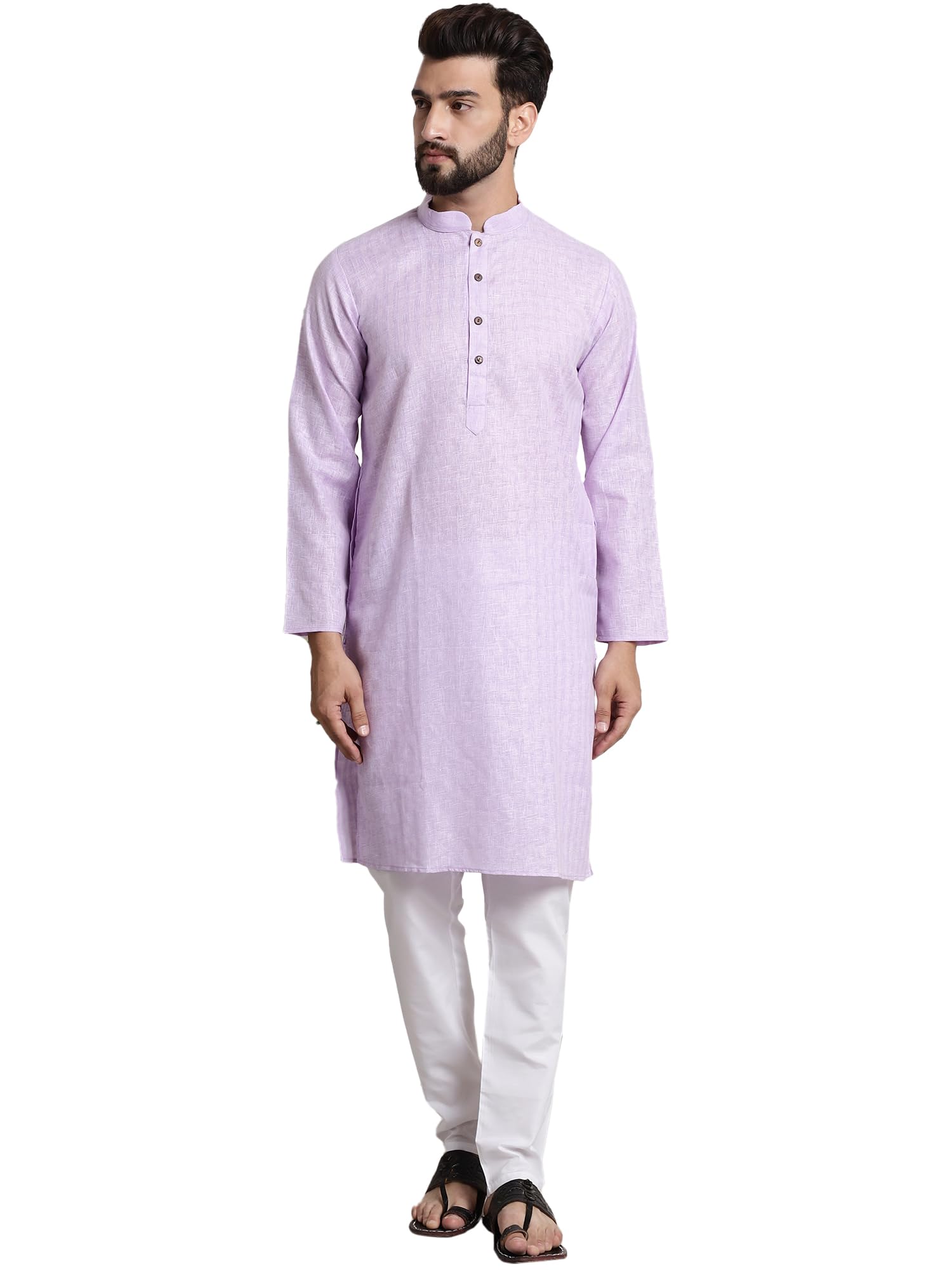 Sojanya (Since 1958 Men's Cotton Blend Purple Checked Kurta And White Churidar Pyjama Set