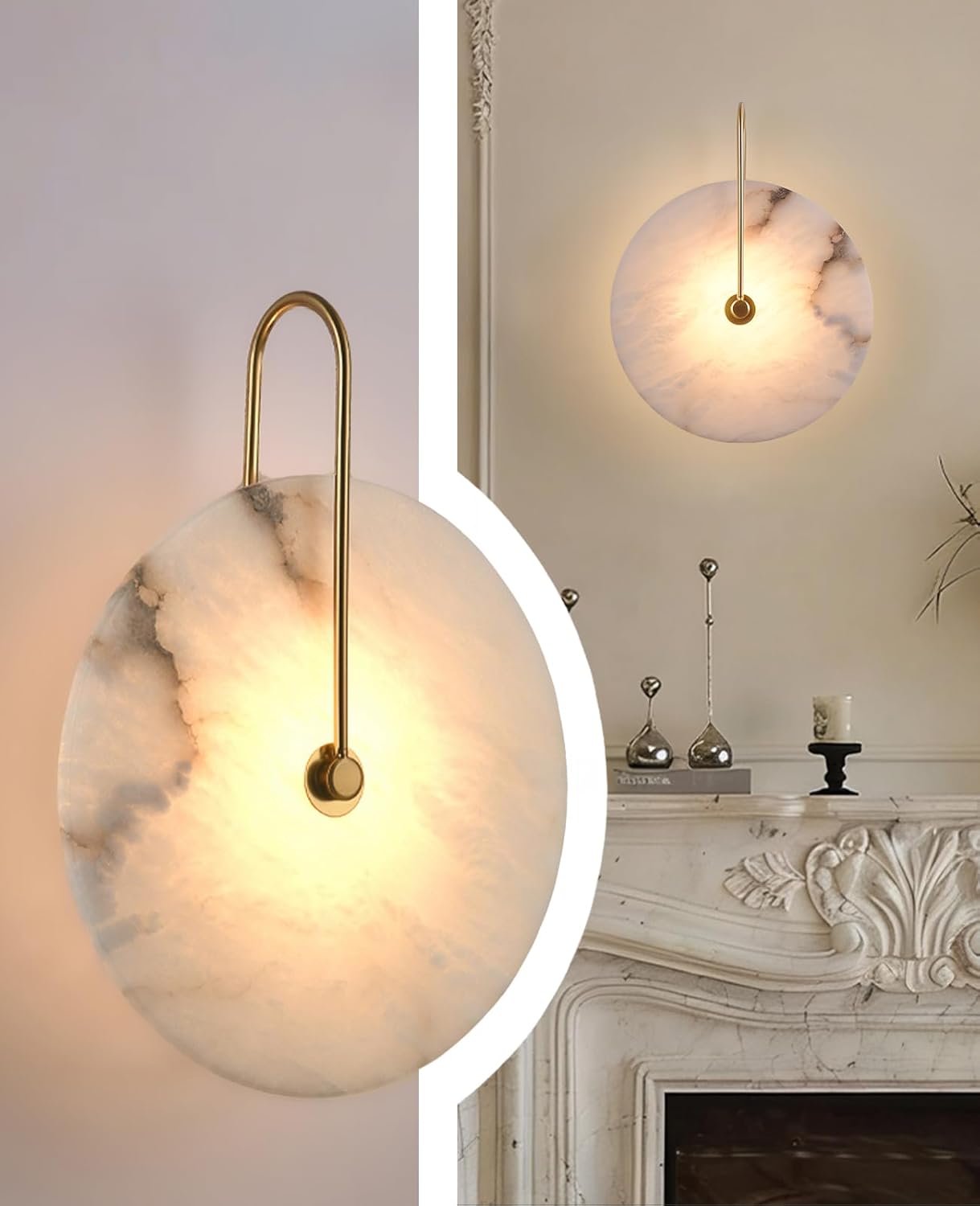 Gold Alabaster Wall Sconce, 9.84 Inch White Round Marble Wall Sconces with Stone Lampshade & Gold Metal Base Hardwired Mid Century Modern Wall Light Fixture for Bedroom Living Room Hallway