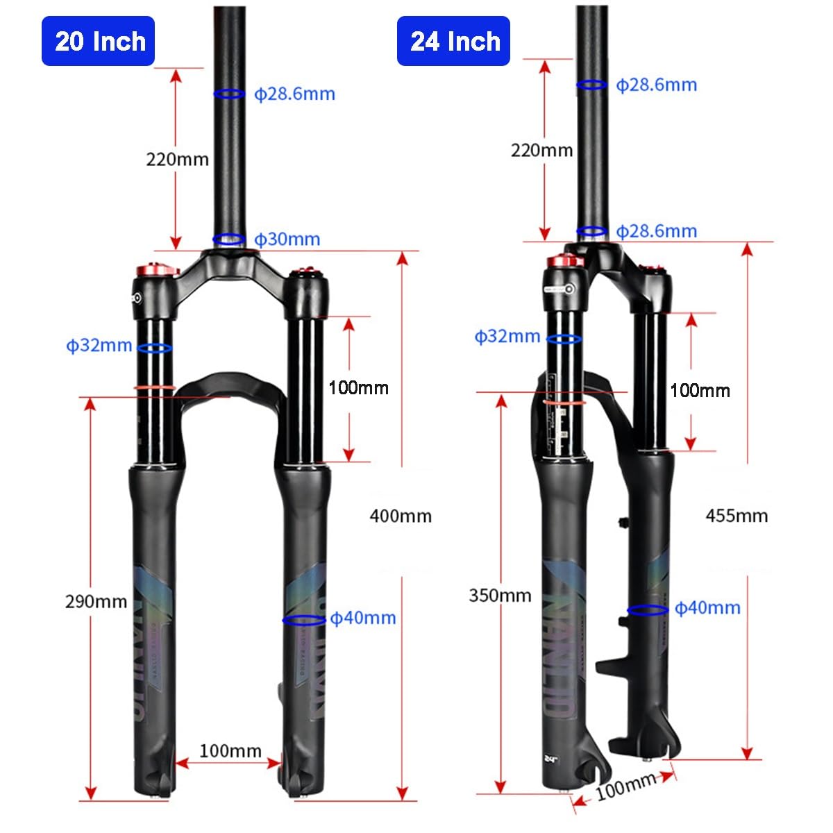 FukkeR VTT Fourche Avant 1-1/8 Tube Droit 20 24 Pouces Fourches Suspension Air XC Vélo De Montagne 100mm Voyager Dégagement Rapide QR 9×100mm Frein À Disque