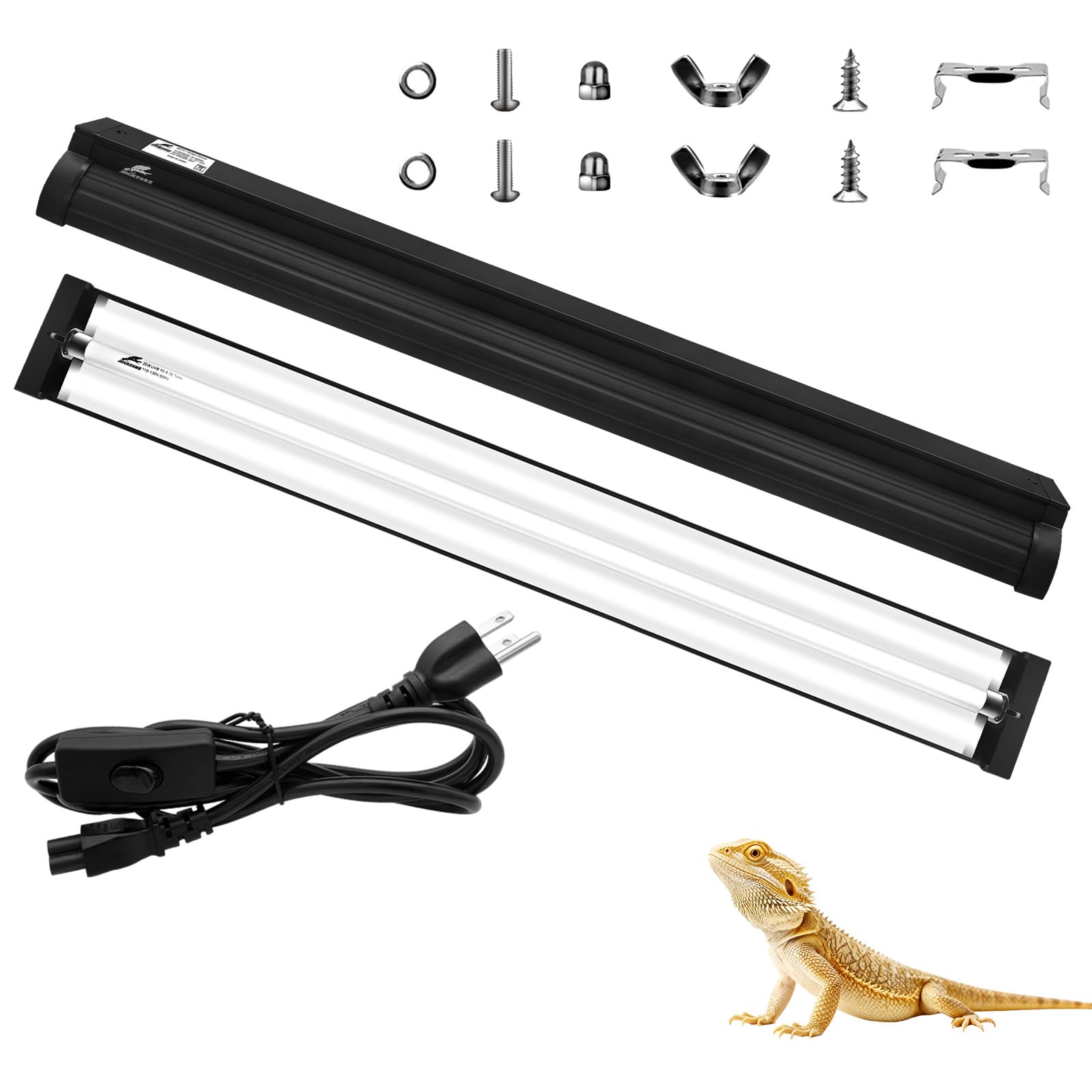 T8 UVB Reptile Light Fixture HO UVB Bulb Lighting Combo Kit, 10.0 UVB Light for Reptiles Terrarium Hood UVA UVB Desert Lamp for Bearded Dragon Turtle Tank (T8 20W 24Inch)