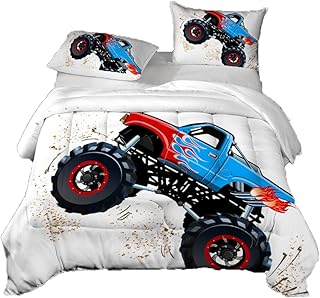 Suncloris 3D Cartoon Monster Trucks Queen Comforter Set, Blue Gallop Monster Trucks All Seasons Comforter Set for Kids Teens Men Bedroom Quilt Set(Queen)