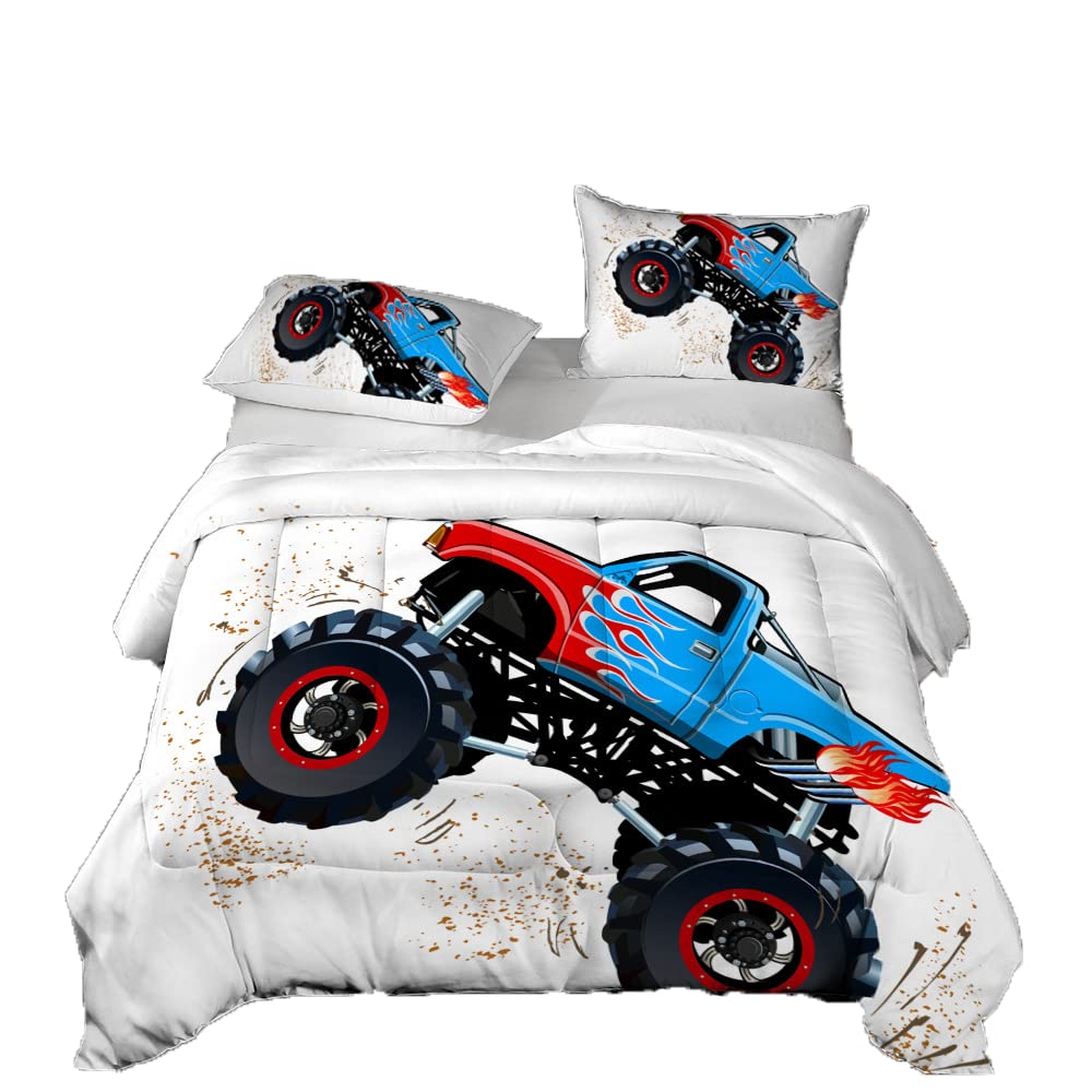 3D Cartoon Monster Trucks Twin Comforter Set,Blue Gallop Monster Trucks All Seasons Comforter Set for for Kids Teens Men Bedroom Quilt Set (Twin)