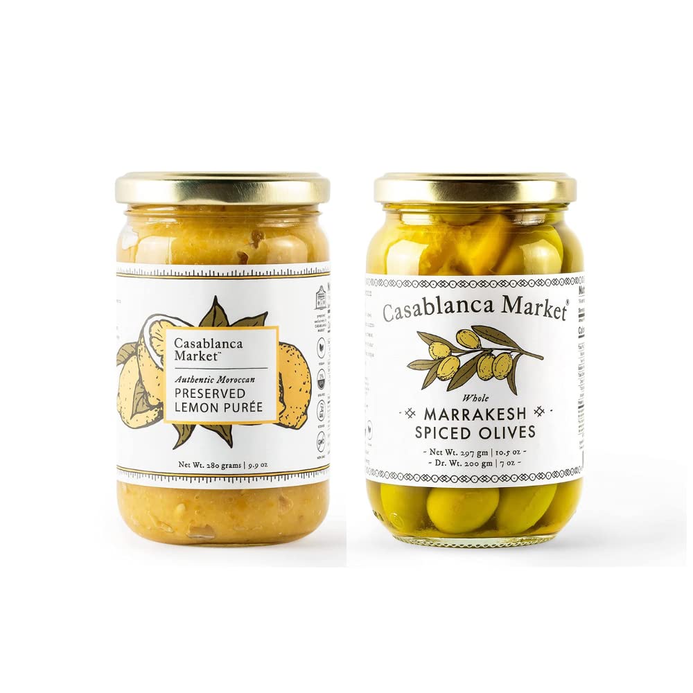 Casablanca Market Preserved Lemon Puree (eBook Included) + Spiced Green Olives (10.5oz)