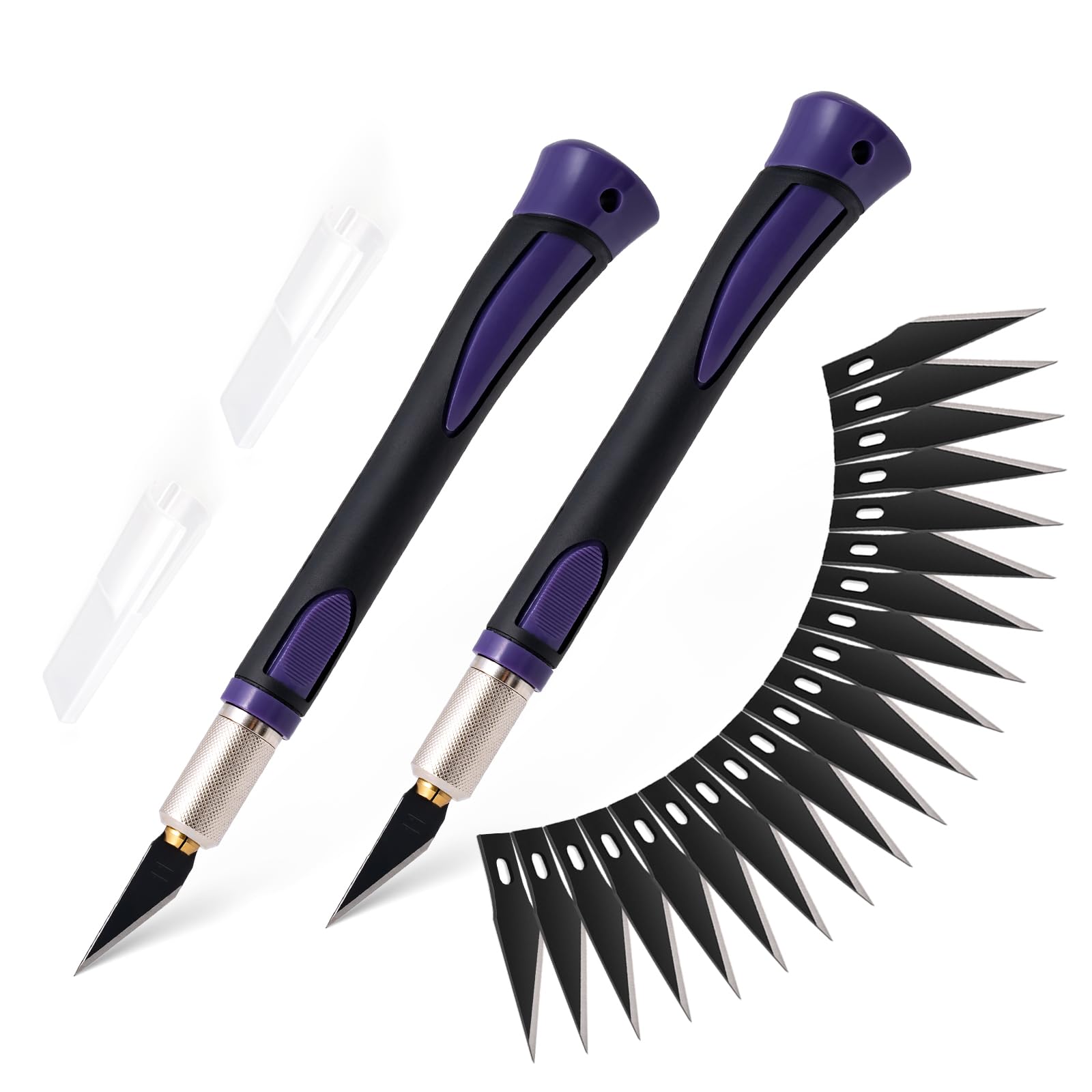 FOSHIO Precision Exacto Knife Set, 2 Pack Craft Knife with Extra 20 Exacto Blades, Hobby Knife Set with Protective Cover Rubber Handle for Crafts, Arts, Stencil, Modeling, Trimming, Carving (Purple)
