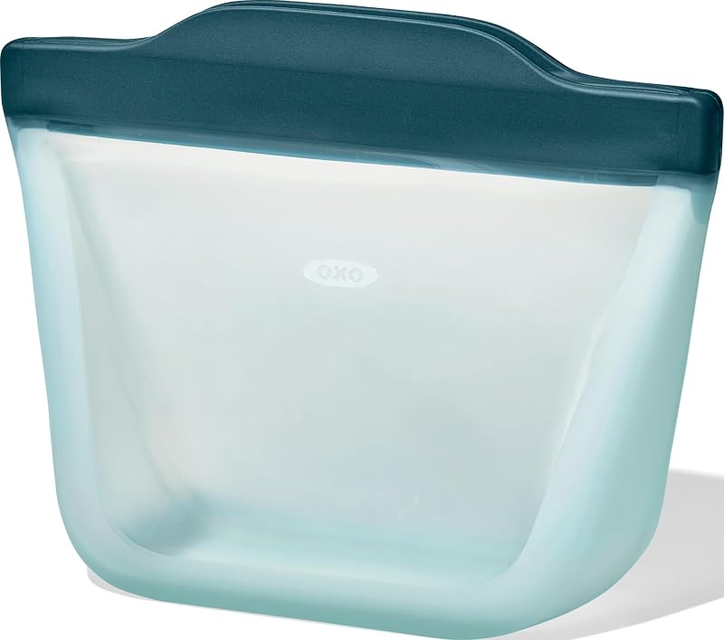 OXO Good Grips Silicone Reusable Bag - Stand-Up Snack (12 oz), Lagoon | Self-Standing for Easy Filling, Leakproof Seal, Ideal for Snacks, Nuts, Dips, Freezer, Microwave and Dishwasher Safe