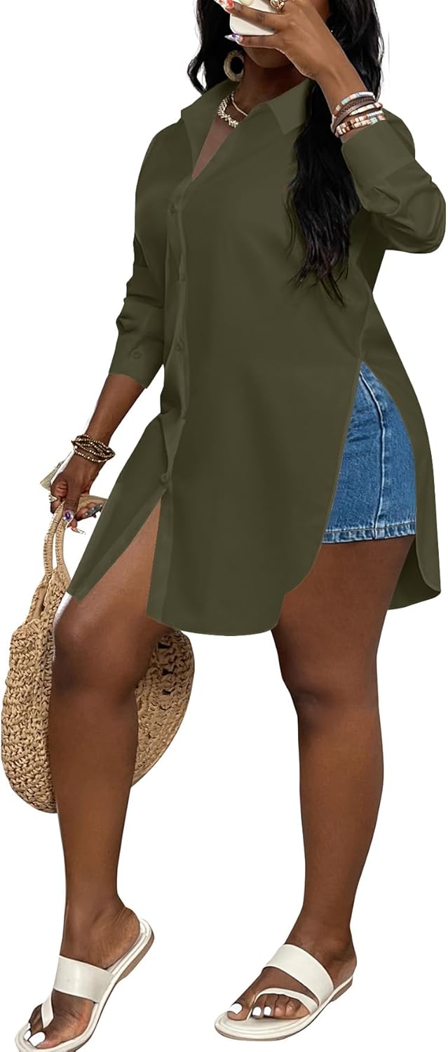 LYANER Women's Collar V Neck Button Front Long Sleeve Slit Hem Long Shirt Blouse Top - Image 5