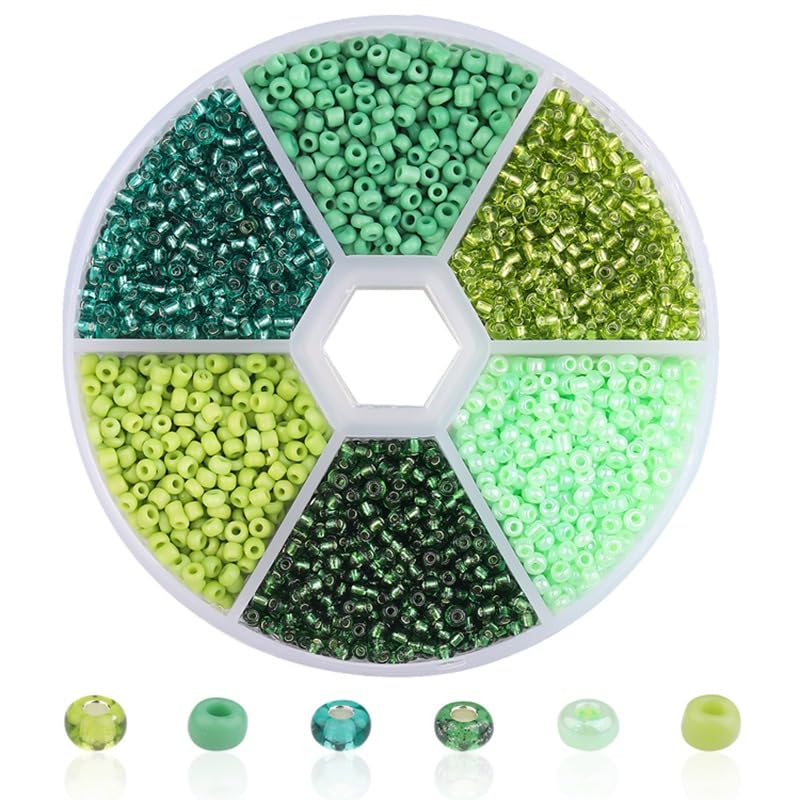 1 Box Small Round Glass Seed Beads, 2mm Mixed Colors Glass Seed Beads for Crafting Beading, Keychain Making, About 3900Pcs, Green Tone