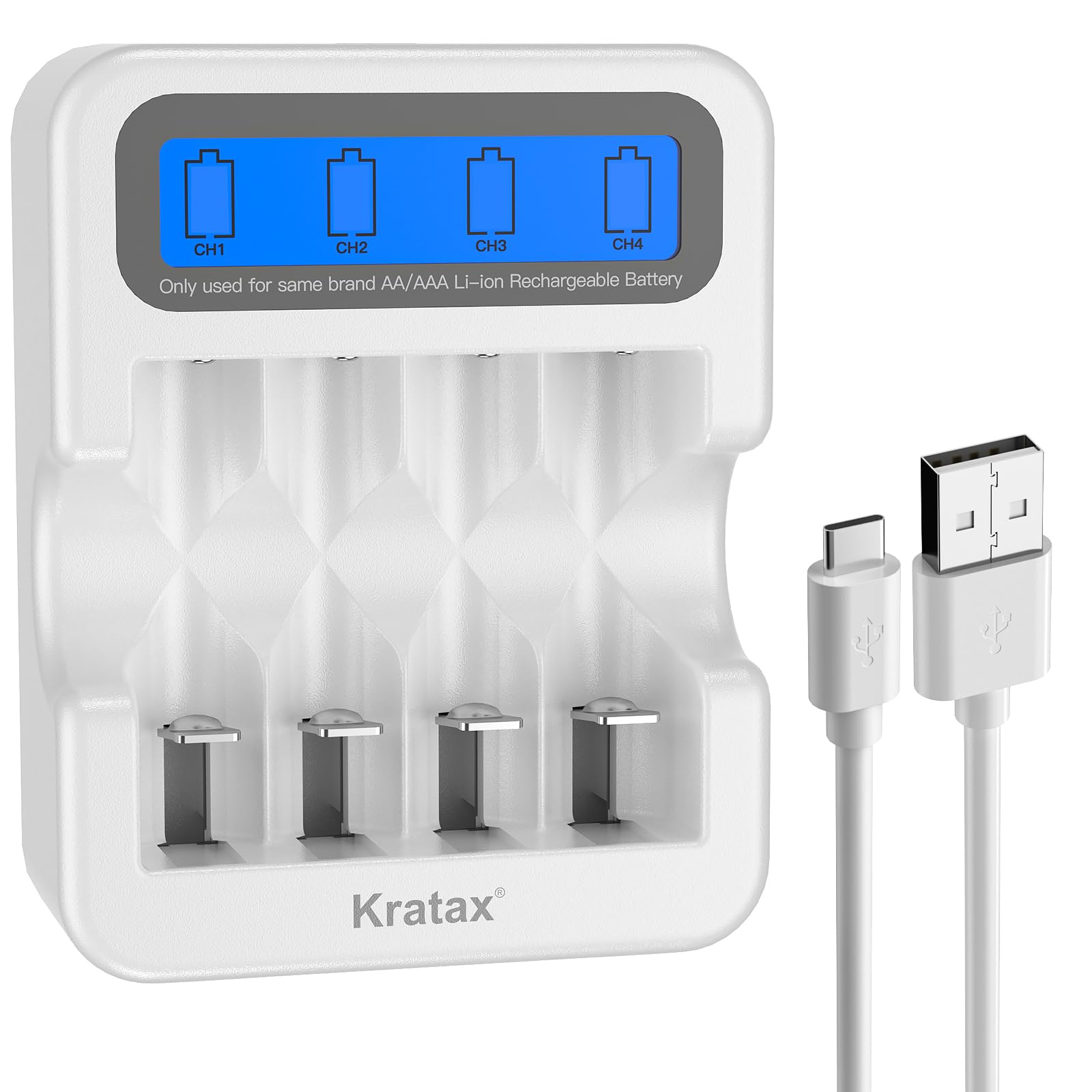 4-Bay Intelligent Battery Charger for AA or AAA Rechargeable Constant Voltage Lithium Batteries 1.5V, 2.5h Fast Charge, NOT for Ni-MH Batteries. (Battery not Included)