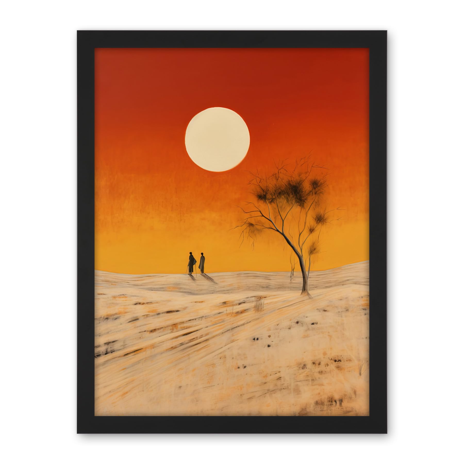 Artery8 Desert Landscape Sunset Sun Oil Painting Amber Orange Yellow Windswept Dunes Artwork Framed Wall Art Print 18X24 Inch