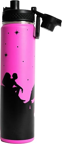 Botella de agua de 24 onzas con tapa estilo boquilla, a prueba de fugas, calor y frío, diseño temático de aventura (rosa)