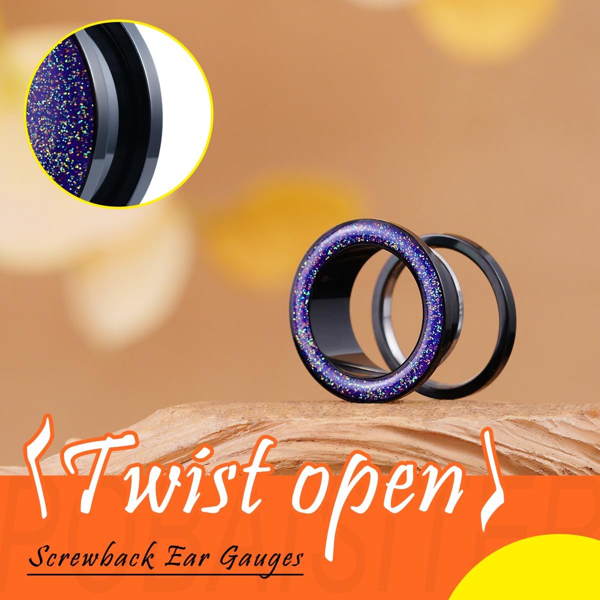 4PCS Shiny Glitter Resin Gauges Stainless Steel Ear Tunnels and Plugs White Red Purple and Blue Glitter Colorful Ear Gagues Screw Fit Expander Stretcher Piercings
