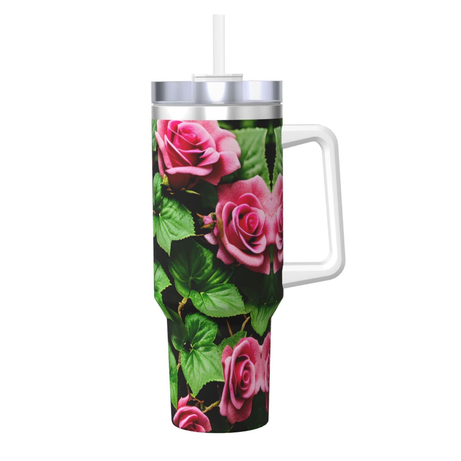 Trinkflasche mit Blumen-Rosen-Efeu mit Blättern, Edelstahl, doppelwandig, isoliert, mit Griff und Strohhalm-Deckel, 1,2 l