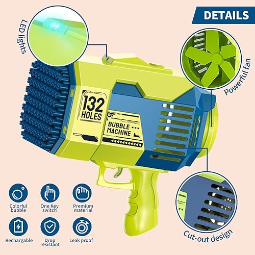 Miniatura 4 de Pistola de burbujas  Pistola de burbujas de 132 agujeros, soplador de burbujas con luces coloridas, juguetes de verano para niños pequeños y