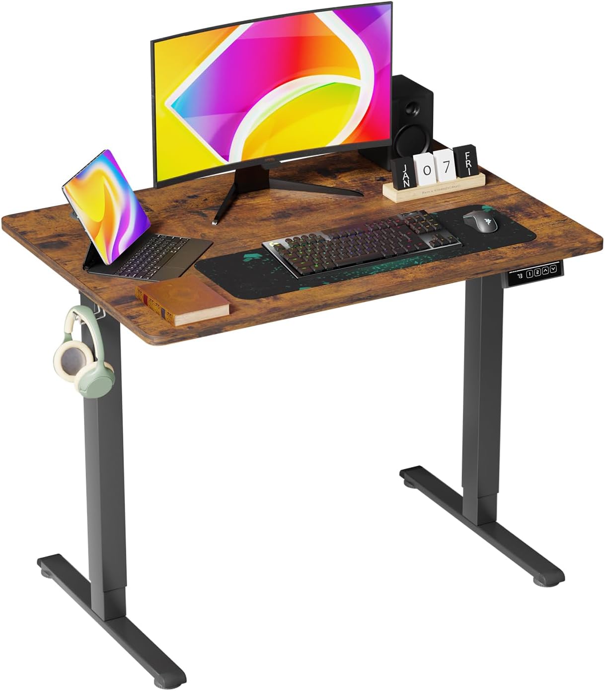 40 Inch Height Adjustable Gaming Desk Electric Standing Desk That Raises Up and Down Modern Computer Table with Electric Lifting Headphone Hook, Brown