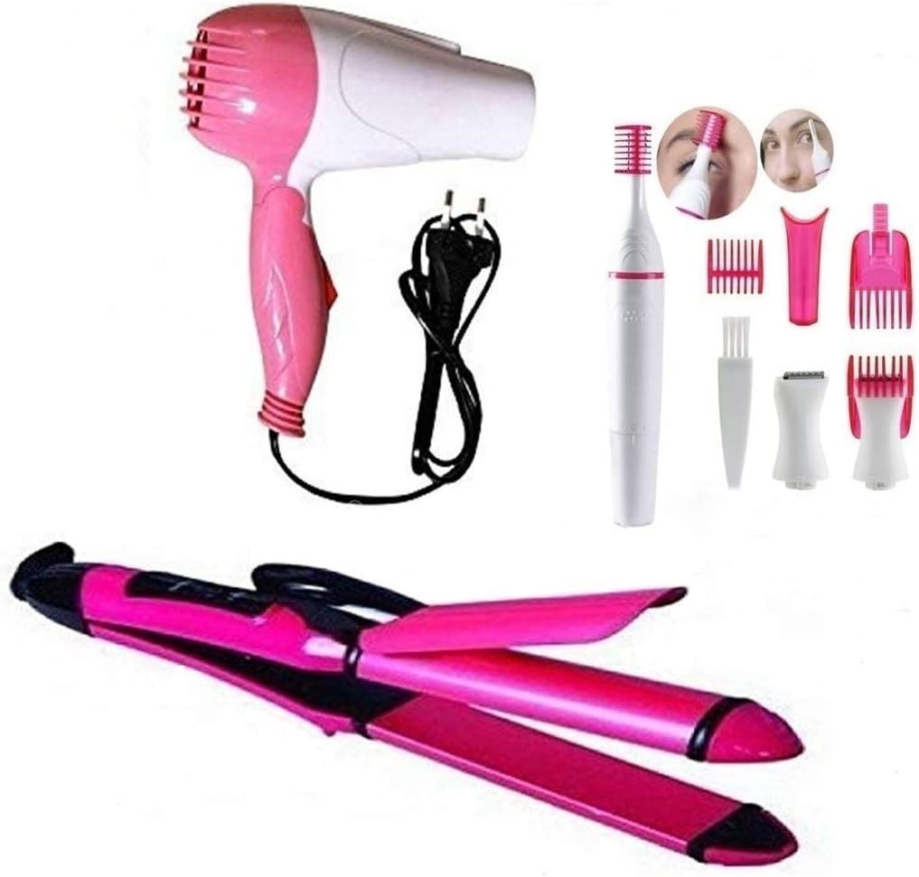 LOYZO 2 IN 1 Hair Straightener,1000 W Hair dryer And Hair Trimmer For Women, Pink, (Pack of 3)