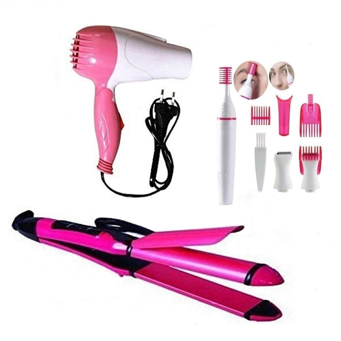 LOYZO 2 IN 1 Hair Straightener,1000 W Hair dryer And Hair Trimmer For Women, Pink, (Pack of 3)