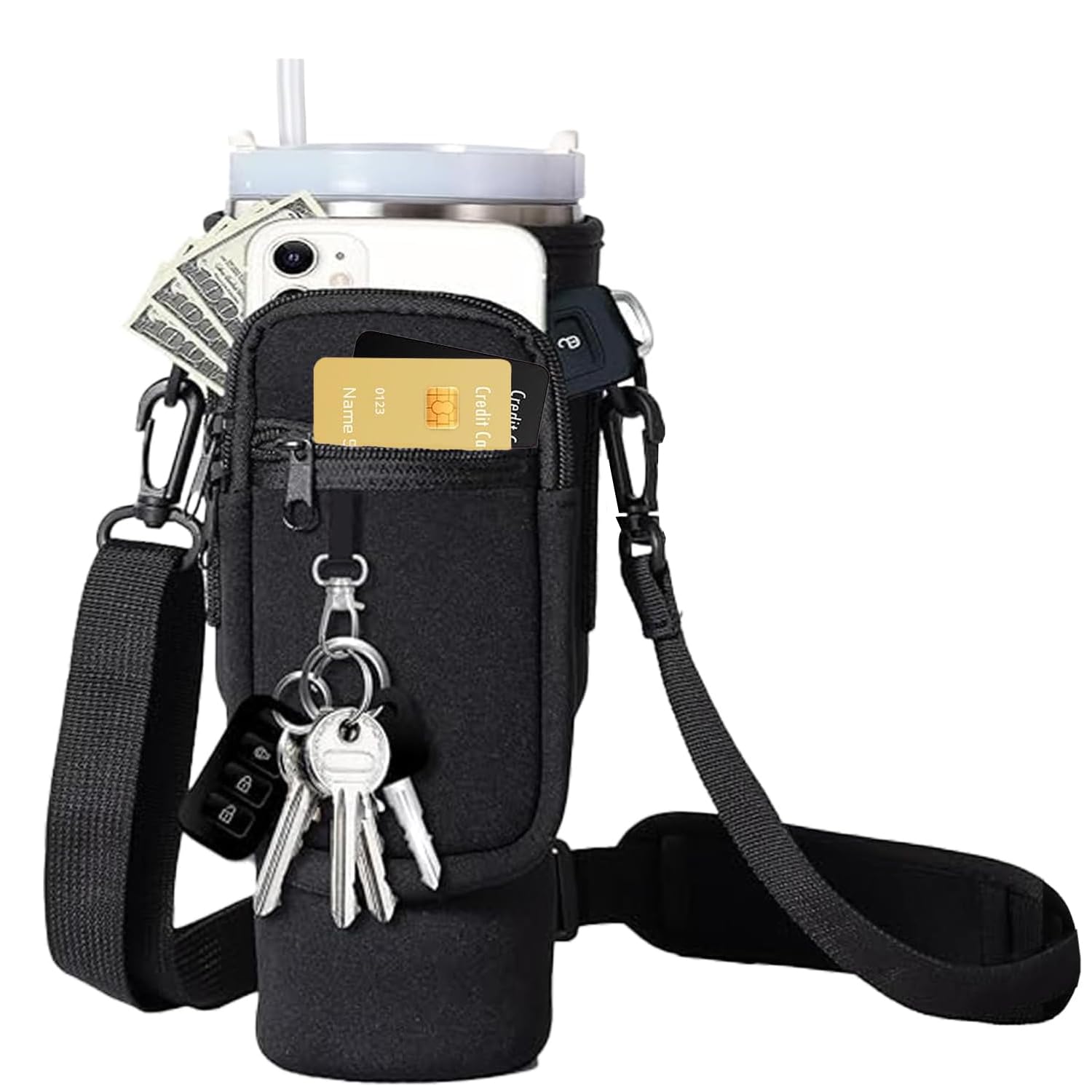 Water Bottle Holder with Strap for Stanley Cup Accessories 40 oz Water Bottle Carrier Bag with 2 Pocket Sling Neoprene,Adjustable Strap& Straw Cover.Water Bottle Sleeve for Walking Hiking Camping Gym