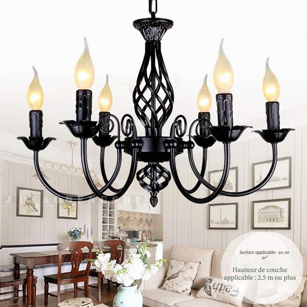 Pendentif Lampe Rétro Lustre Abat-Jour Restaurant Classique Bougie Lustre En Pendentif Réglable En Hauteur E14 Lampe Suspendue En Fer Forgé Salon De Style De Campagne Simple Lampes Pendentif, Noir