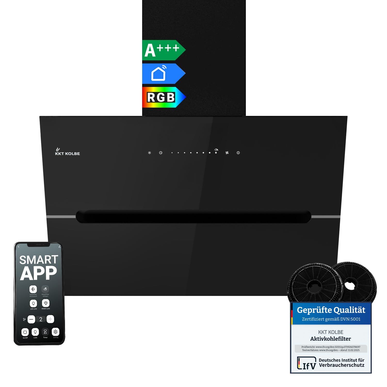 KKT KOLBE campana extractora de 60 cm | 782 m³/h Descarga de ingresos de urinación | Sin cabeza | Montado en pared | Vidrio negro | Smart WiFi App WLAN | Iluminación LED RGB | EC6005SM