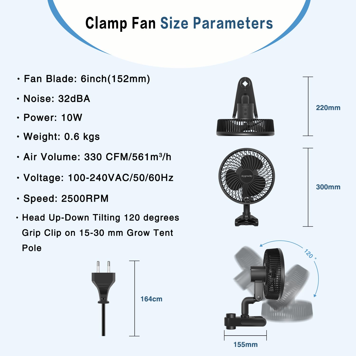 Aygrochy Ventilatore Grow da 10 W con clip, per motori EC a 10 velocità, IP-44, protezione per la crescita della ventola a clip per tenda, non oscillante (oscillante manuale)