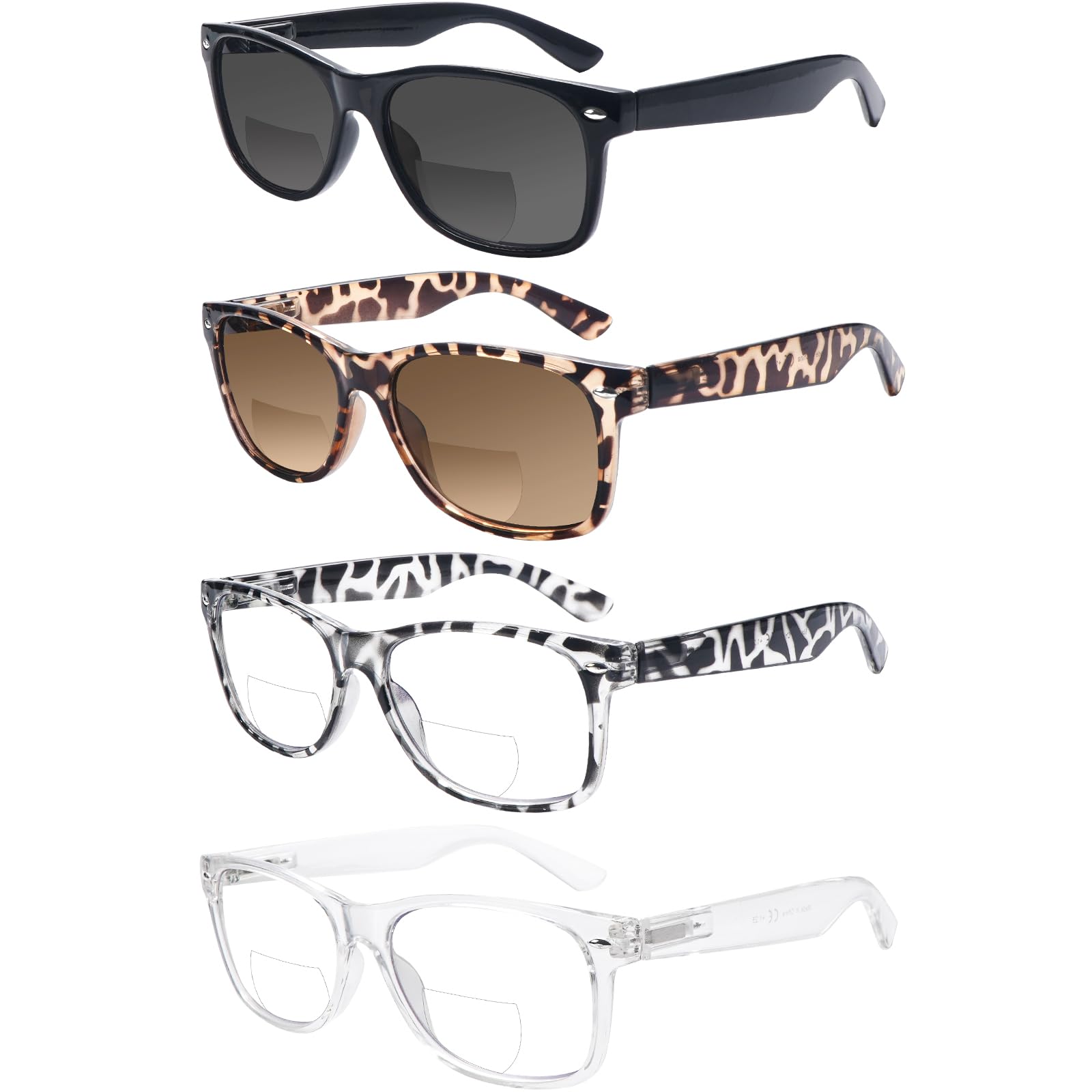 Sumkyle 4 Pack Bifocal Reading Glasses Grey Lens Spring Hinge Outdoor Sunglasses Fashion Bifocal Sun Readers for Men Women (4 Mix C3, 2.25)