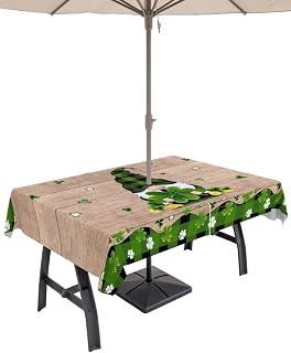 QueenKer Green Clovers Gnome Outdoor Tablecloth with Umbrella Hole and Zipper Wood Grain Gold Coin Waterproof Rectangle 52x70 Inch, Table Cloth Cover for Outside Picnic Patio BBQS Garden