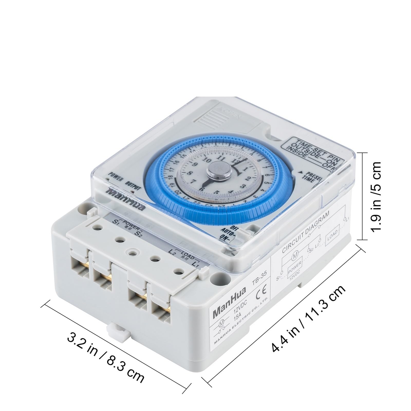 TB35 analogowy wyłącznik czasowy do szyny DIN 24h 12 V DC 15 A, mechaniczny regulator czasu