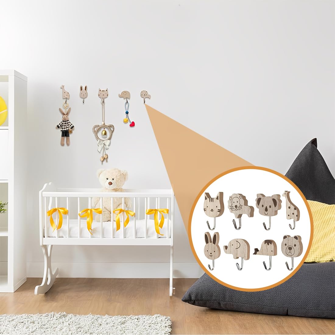 Appendiabiti per bambini in legno set 8 ganci autoadesivi animali elefante balena gatto leone coniglio giraffa