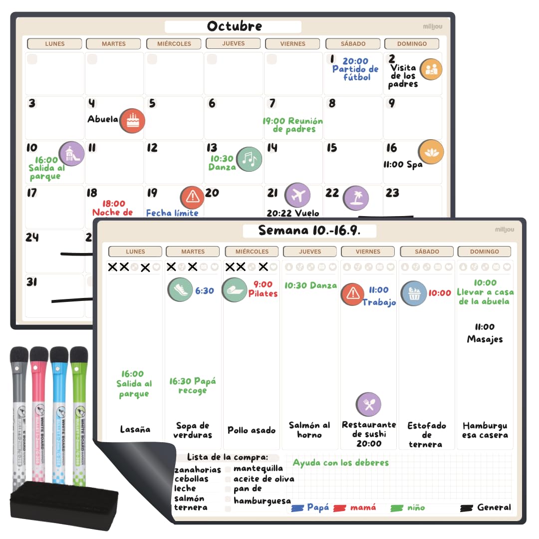 Calendario Magnético para Nevera A3 – Planificador Mensual y Semanal Borrable – 42 Pegatinas de Eventos, 4 Rotuladores, 1 Borrador – Pizarra Blanca Magnética – Rastreador de Bienestar
