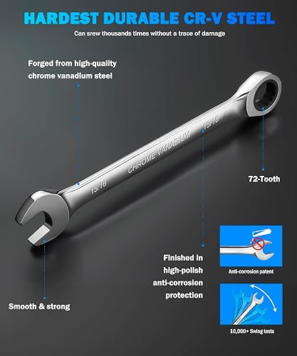 Miniatura 2 de DISEN Llave de trinquete de 1516 pulgadas, llave de 1516 pulgadas con acero al cromo vanadio de 72 dientes, extremo de caja estándar de 0.945 in y