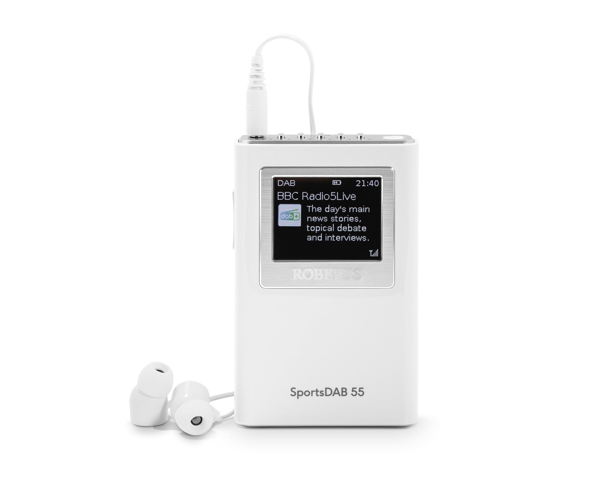 Roberts SPORTSDAB55 Radio numérique personnelle FM/Dab/Dab+ avec écouteurs et écran Couleur, Blanc