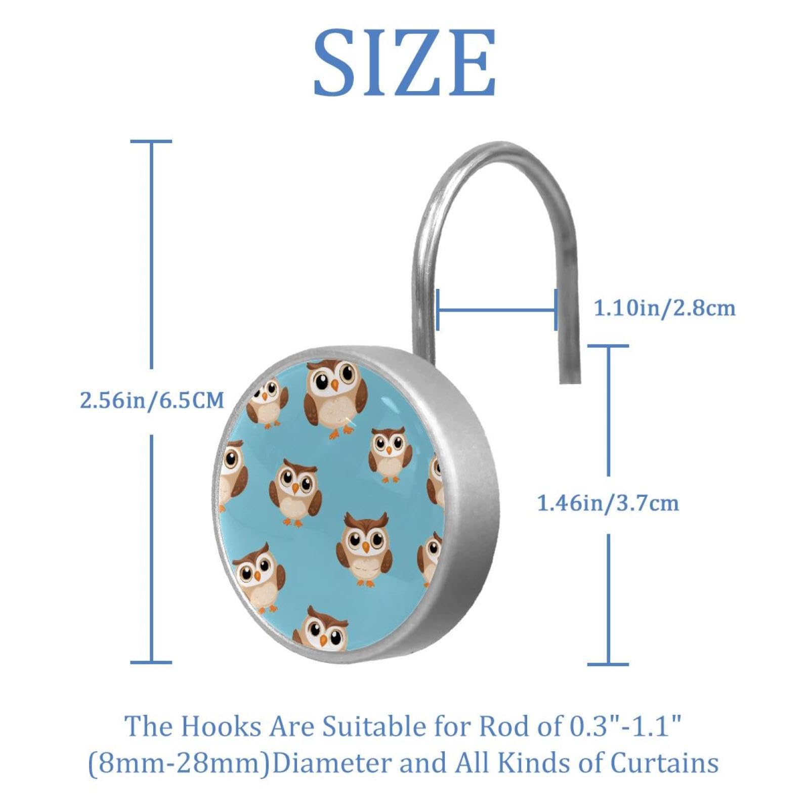 12pcs Glass Shower Curtain Hooks, Rust Resistant Decorative Shower Rings for Bathroom Living Room,Stainless Steel Hooks for Shower Curtain and Liner Rods (Owl Blue Background)