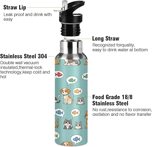 Miniatura 3 de BPA-Free Sports Water Bottle with Straw 32 Oz, Stainless Steel Vacuum Insulated Water Bottle for Gym Outdoor Travel School, Cartoon Cats Dogs