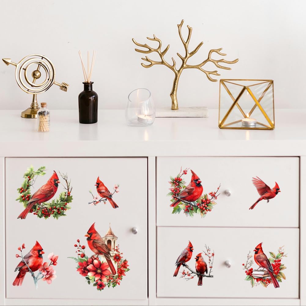 Peacoblue Rub on Transfer Decals for Furniture Crafts Decor 6"x12", 3Pcs Christmas Cardinal Birds Waterproof UV DTF Transfer Sticker for Dresser Lingerie Chests Drawer Glass Porcelain Wood Plastic