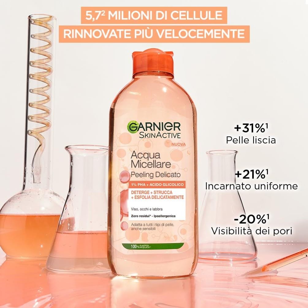 Garnier SkinActive Acqua Micellare Tutto-in-1, Peeling Delicato, Esfoliante, Per Tutti i Tipi di Pelle, Senza Risciacquo, Formula Vegana e Ipoallergenica, 400 ml