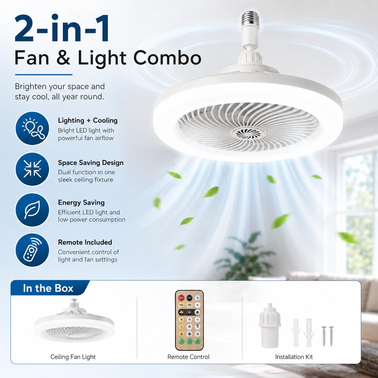 Pealeaf Ventilatore da soffitto con luce e telecomando, lampada ventilatore B22 & E27, 3 velocità, 3 modalità luce per camera, cucina e piccoli spazi (Upg.)