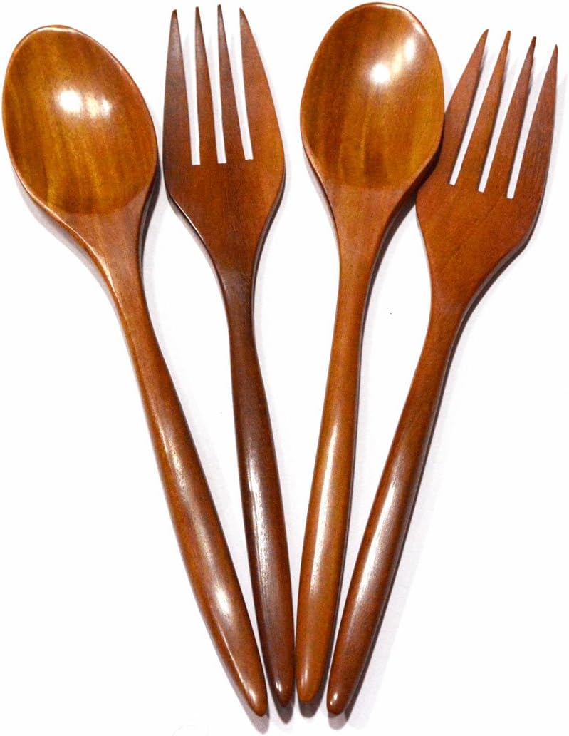 2 Pair X 7" Wooden Dinner Spoons and Forks Set Utensils Flatware Hand Craved Rose Wood