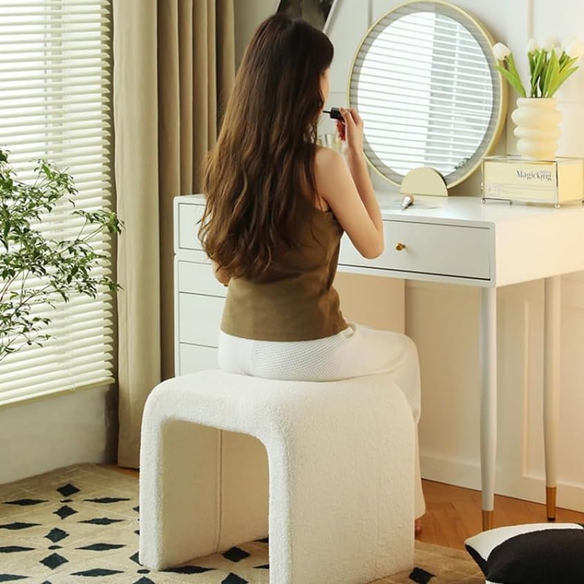 Lambswool Bedroom Chair, Vanity Stool, Shoe Bench, Upholstered Entryway Pouf, Stylish Seating for Living Room, Bedroom, Entry, Space-Saving Design