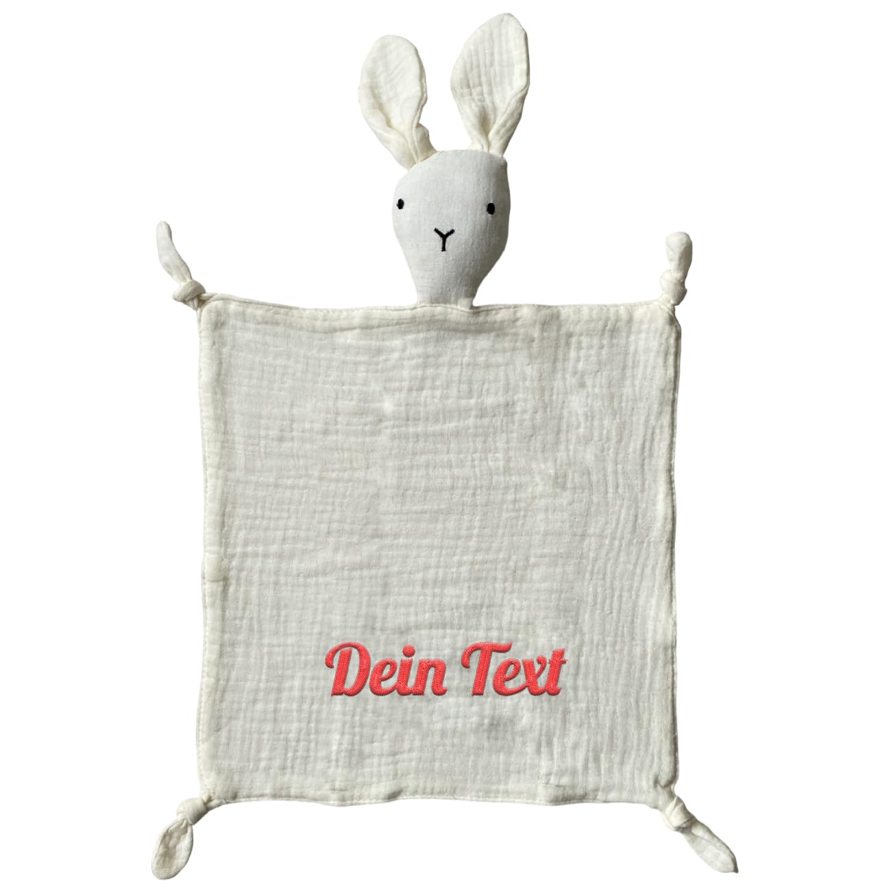 Personalisierte Schmusetuch mit Namen bestickt - für Baby - Kuscheltuch aus weichem Musselin mit Hase-Köpfchen - ideal als Geschenk zur Geburt - 28x28cm