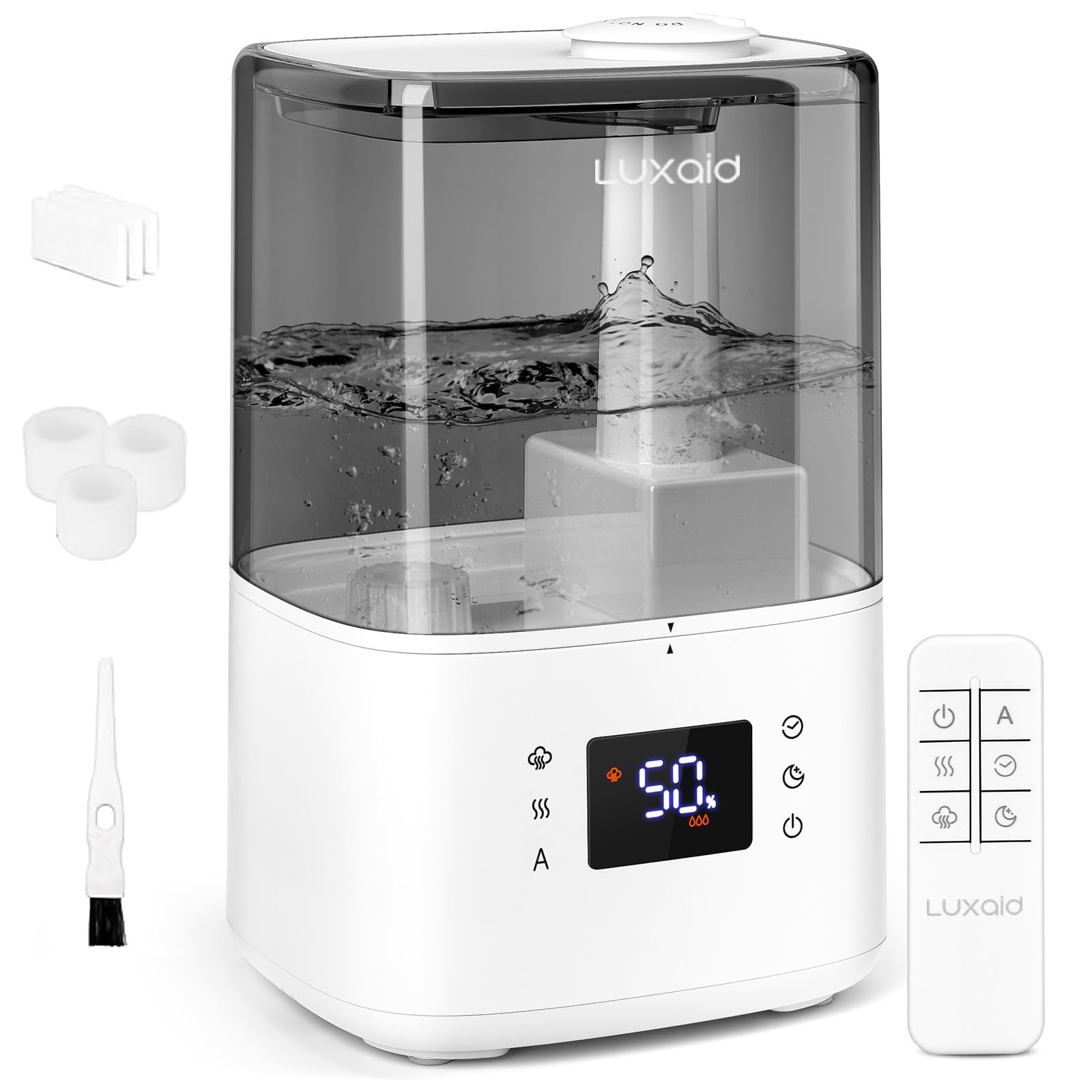 4,5L Luxaid Warm- und Kaltnebel Luftbefeuchter Schlafzimmer Große Räume mit Fernbedienung & Hygrostat, 28dB Leise Humidifier for Bedroom Baby, Top-Fill, bis 45H, Timer, Auto-Abschaltung, HU-802