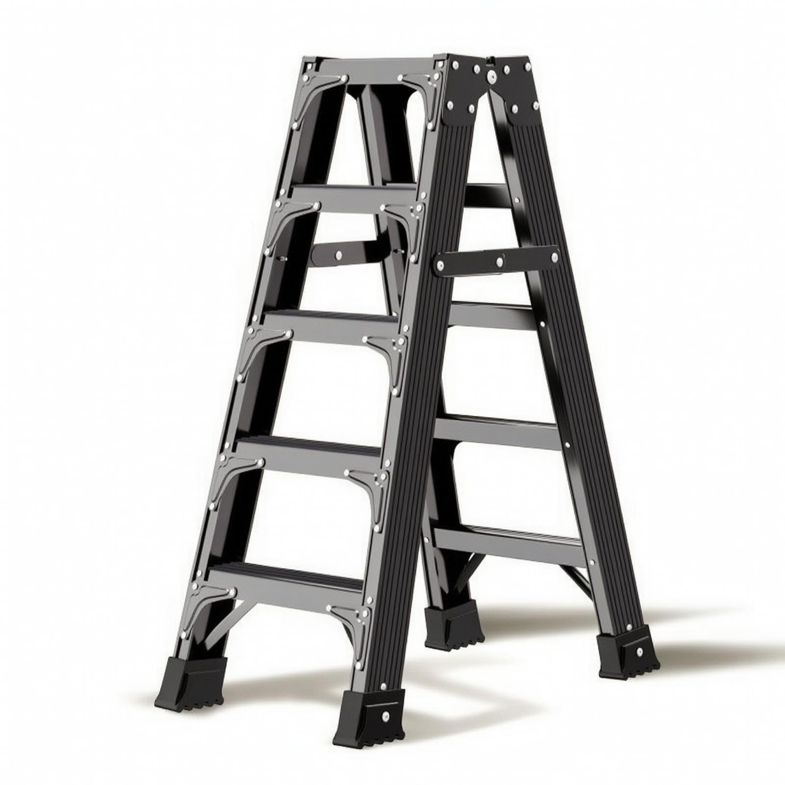 Escalera Reforzada a Plegable con, Escalera De Tijera De 5 Peldaños, 1.5 Metros, Reforzada, Color Negro Premium