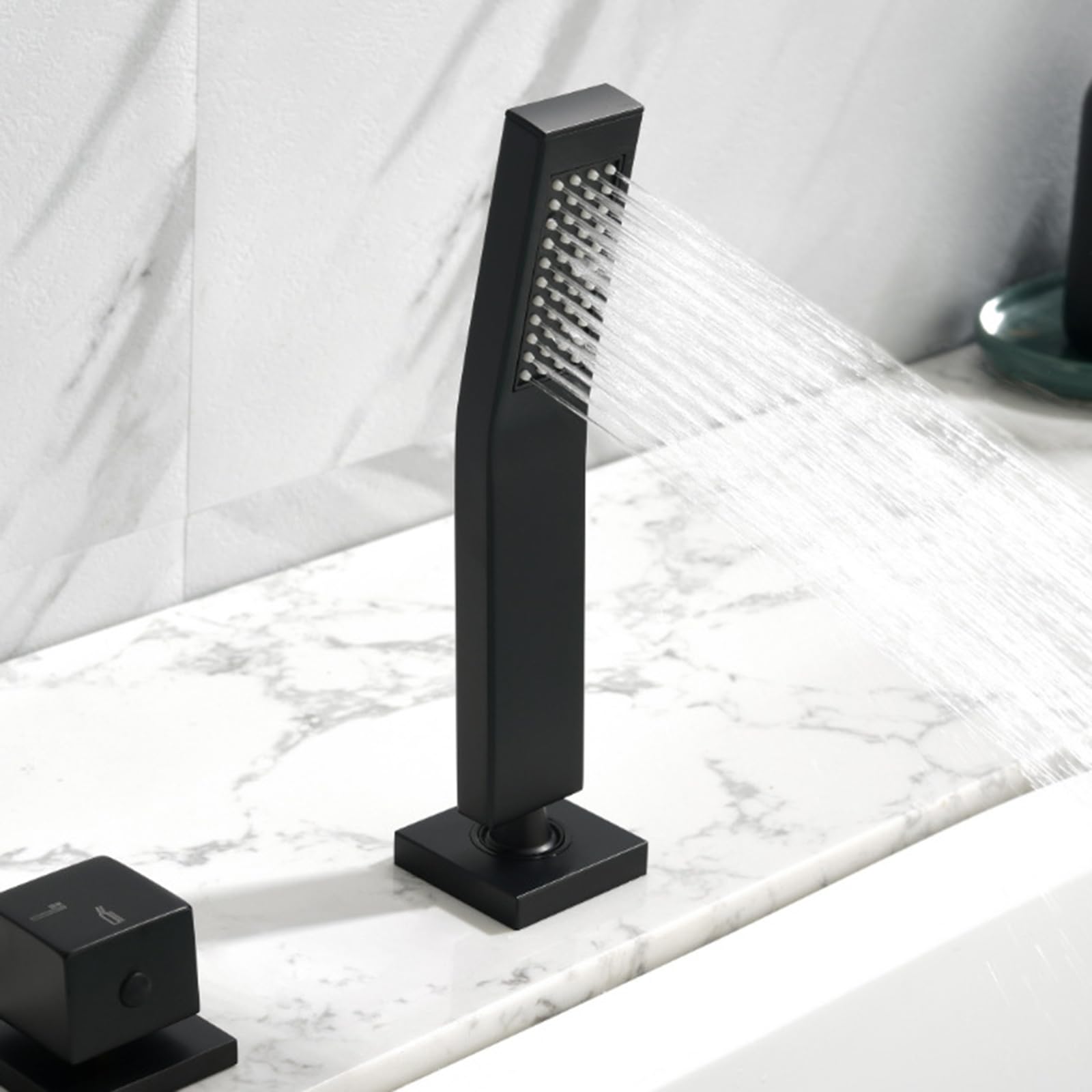 Mitiur - Grifo de bañera negro de 4 agujeros con ducha de mano, juego de ducha de baño moderno, diseño para experiencia de bañera Slish, perfecto para retiro de spa en casa