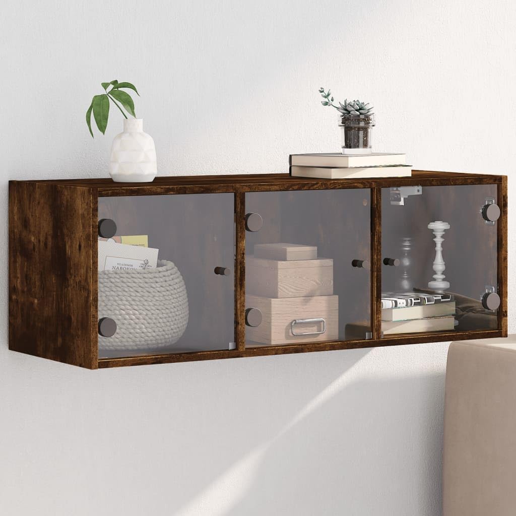 Wandschrank mit Glastüren Räuchereiche 102x37x35 cm Holzwerkstoff Hängeschrank mit Stauraum und Fächern für Büro Wohnzimmer Flur zur Wandmontage und geordneter Aufbewahrung