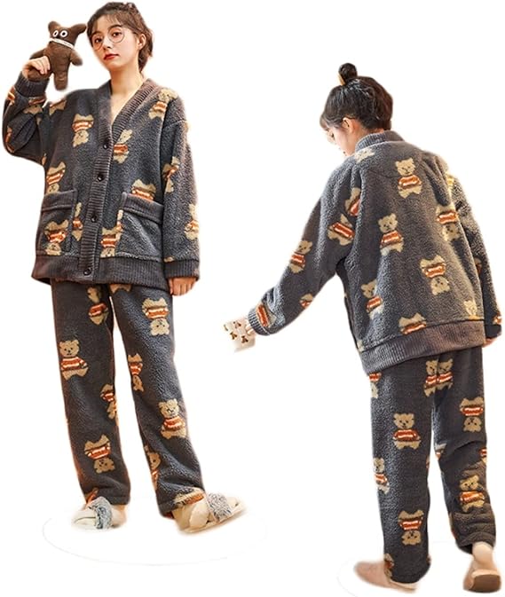 Amazon パジャマ 部屋着 ルームウェア 春秋冬 レディース 熊 くま 上下セット タオル生地 もこもこ あったか 前開き ボーダー柄 ゆったり おしゃれ 可愛い 長袖 女性用 防寒 黒白 グレー ブルー 彼女 誕生日プレゼント クリスマス 厚手 Xl パジャマ ルームウェア