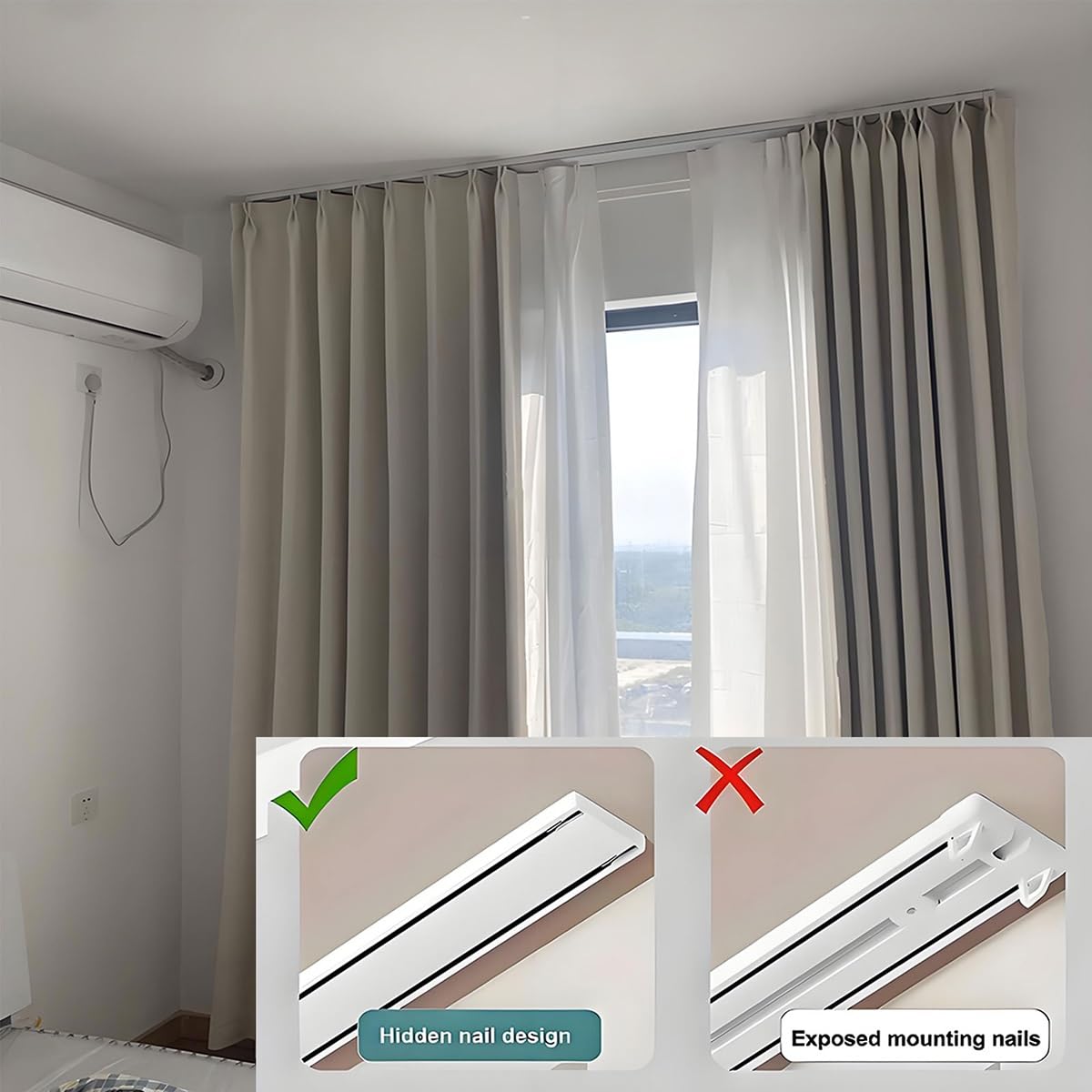 Aluminiowy drążek sufitowy, 2-warstwowy cichy drążek do szpitali i biur, regulowany 0,6-6,8 m, szary, 1,4 m - wszechstronny i