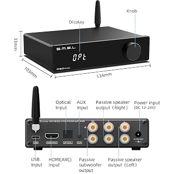 S.M.S.L A50 PRO HiFi Power Amplifier, High/Low pass filter 2.1-Channel, Infineon's MA12070P Chip, Bluetooth 5.0/USB/Optical/HDMI/AUX input Passive subwoofer with adjustable volume, with Remote Control