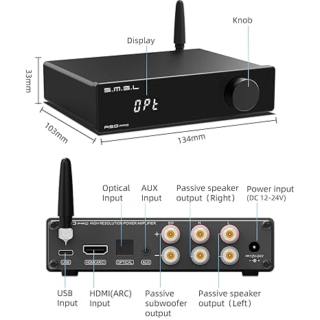 S.M.S.L A50 PRO HiFi Power Amplifier, High/Low pass filter 2.1-Channel, Infineon's MA12070P Chip, Bluetooth 5.0/USB/Optical/HDMI/AUX input Passive subwoofer with adjustable volume, with Remote Control