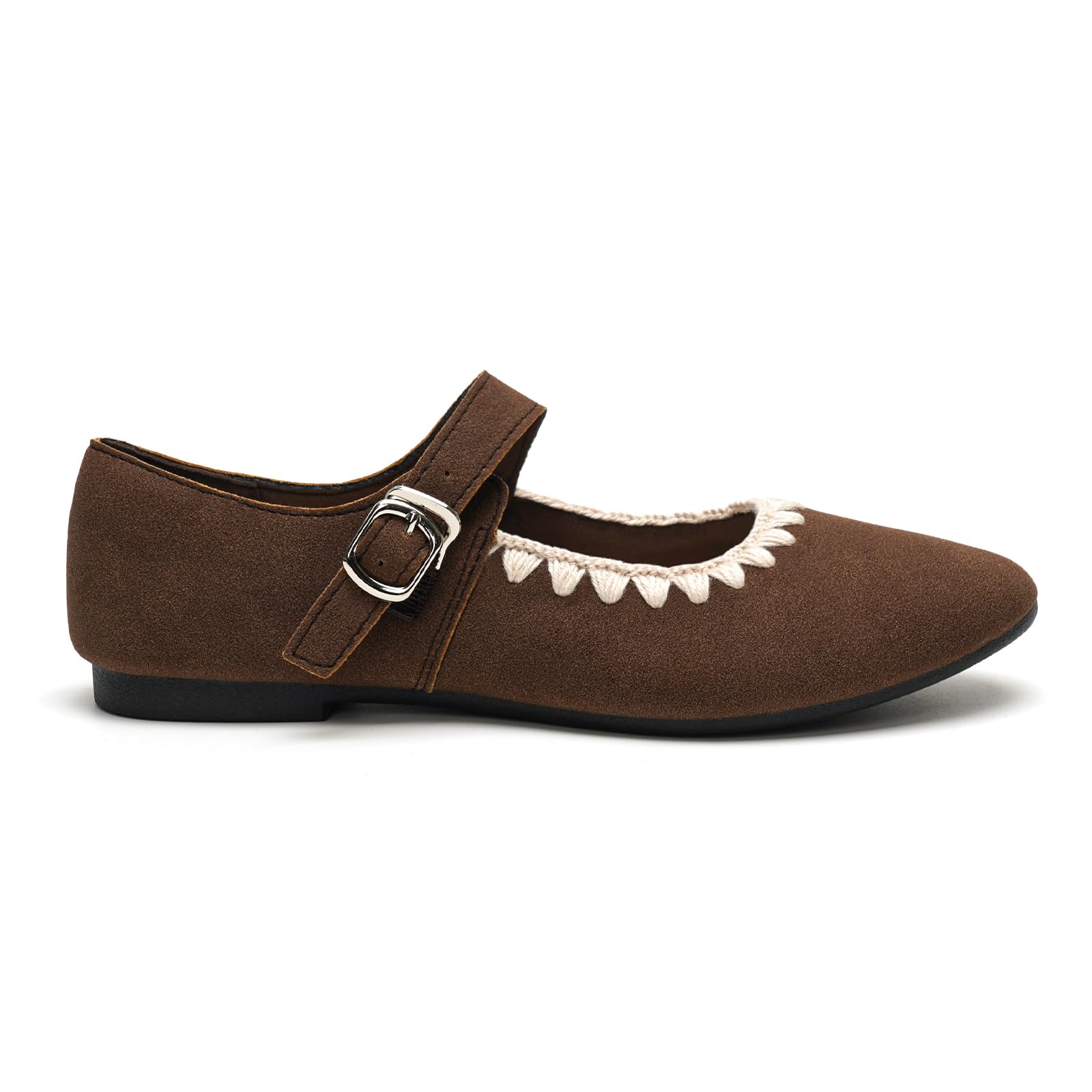 GLAMORA Ballerines Femme Mary Jane Effet Daim Bride Boucle Décorative Fermeture Rapide Crochet Chaussures Plates Souples Légères Bordure Tricotée Bout Rond Semelle Antidérapante Confort
