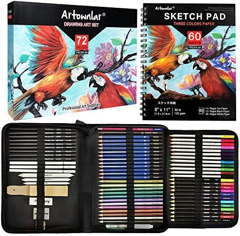 Artownlar 72 Pack Drawing Sketching Set with 8x11" Sketchbook | Pro Art Supplies Kit for Artist Adults Teens Beginner | Tutorial, Graphite Charcoal, Watercolor & Metallic Colored Pencils in Gift Case.